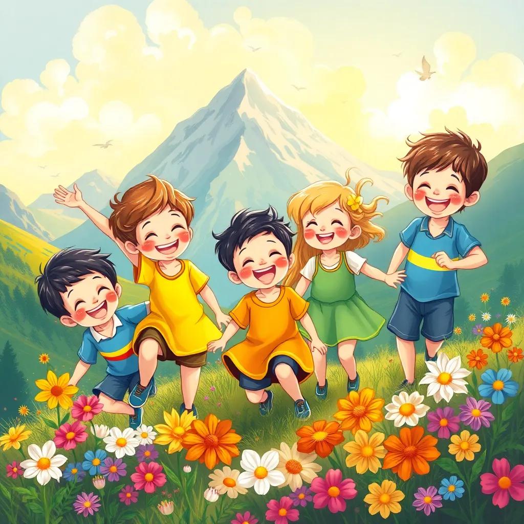 A group of joyful children playing in the mountains, smiling and laughing, with colorful flowers around them, bright sky, illustration, cheerful, warm colors, high quality