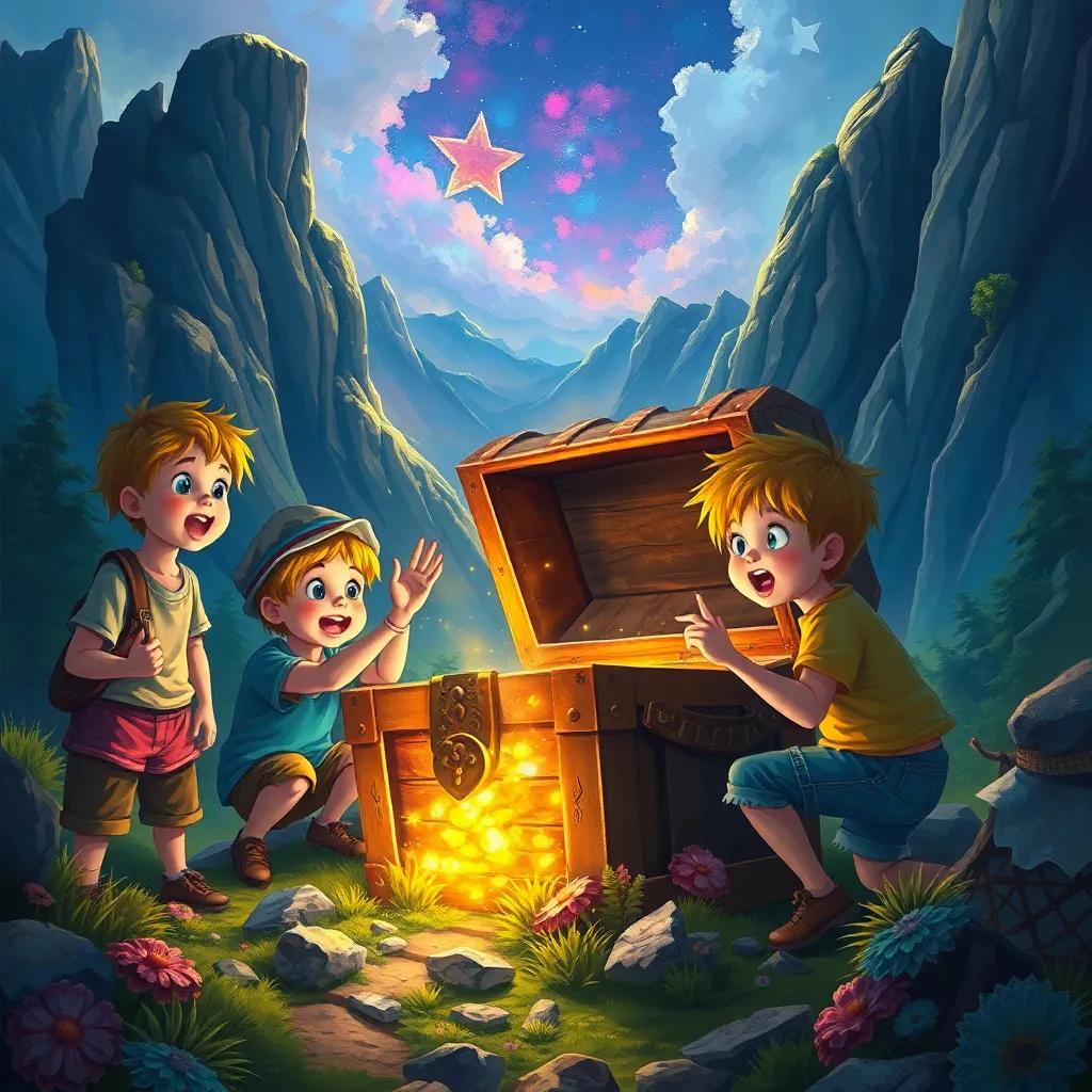 A group of children discovering a sparkling old treasure chest in the mountains, surprised expressions, vibrant scenery, digital art, colorful, magical atmosphere, high quality