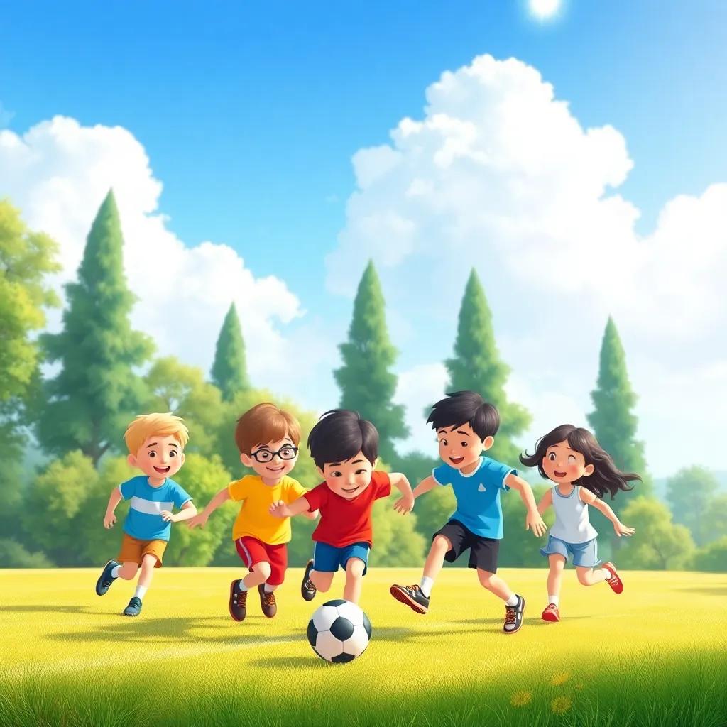 Children enjoying a game of soccer in the park, with a beautiful blue sky above and tall trees in the background, illustration, fun and playful, child-friendly