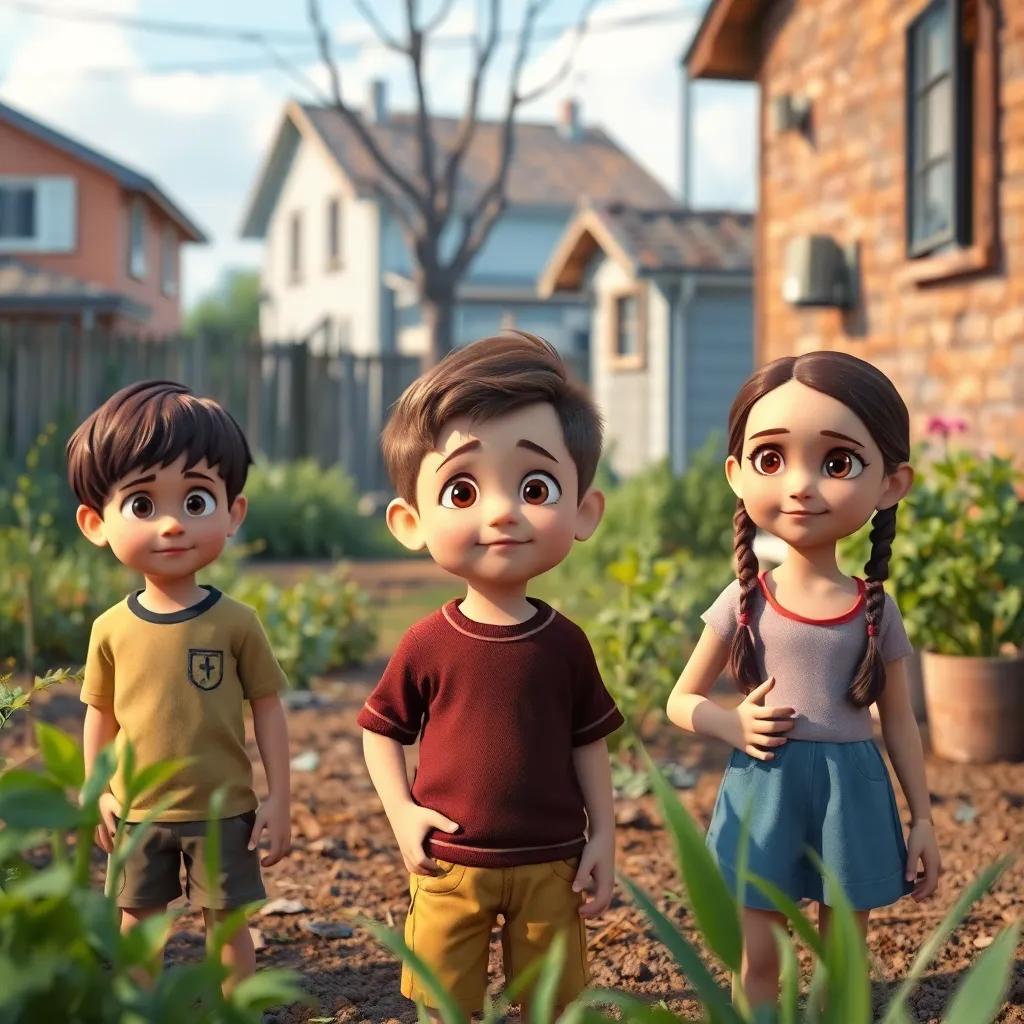 A group of children, including a boy with short brown hair, and a girl with braids, standing in a barren neighborhood garden looking determined, digital art, bright colors, cheerful atmosphere, high quality