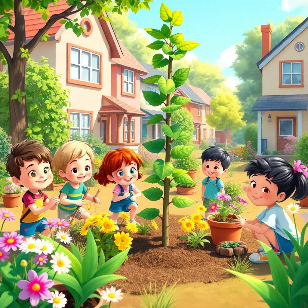 Children planting trees and flowers in a neighborhood garden, with happy faces, bustling with energy, vibrant greenery, sunny day, digital painting, joyful scene, child-friendly