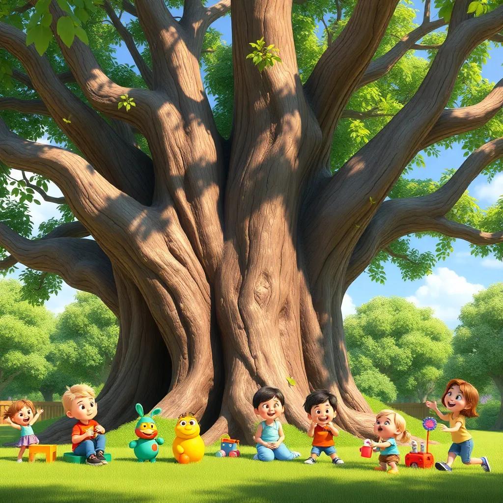 A large tree with thick branches and green leaves, surrounded by joyful children playing with colorful toys and laughing, sunny day, cheerful atmosphere, digital art, vivid colors, high quality