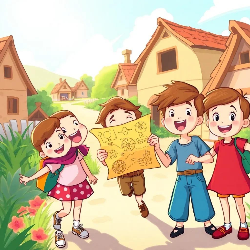 A group of children in a small village, excited and adventurous, with one holding an old treasure map, bright sunshine, cheerful expressions, digital art, vibrant colors, inviting atmosphere, high quality