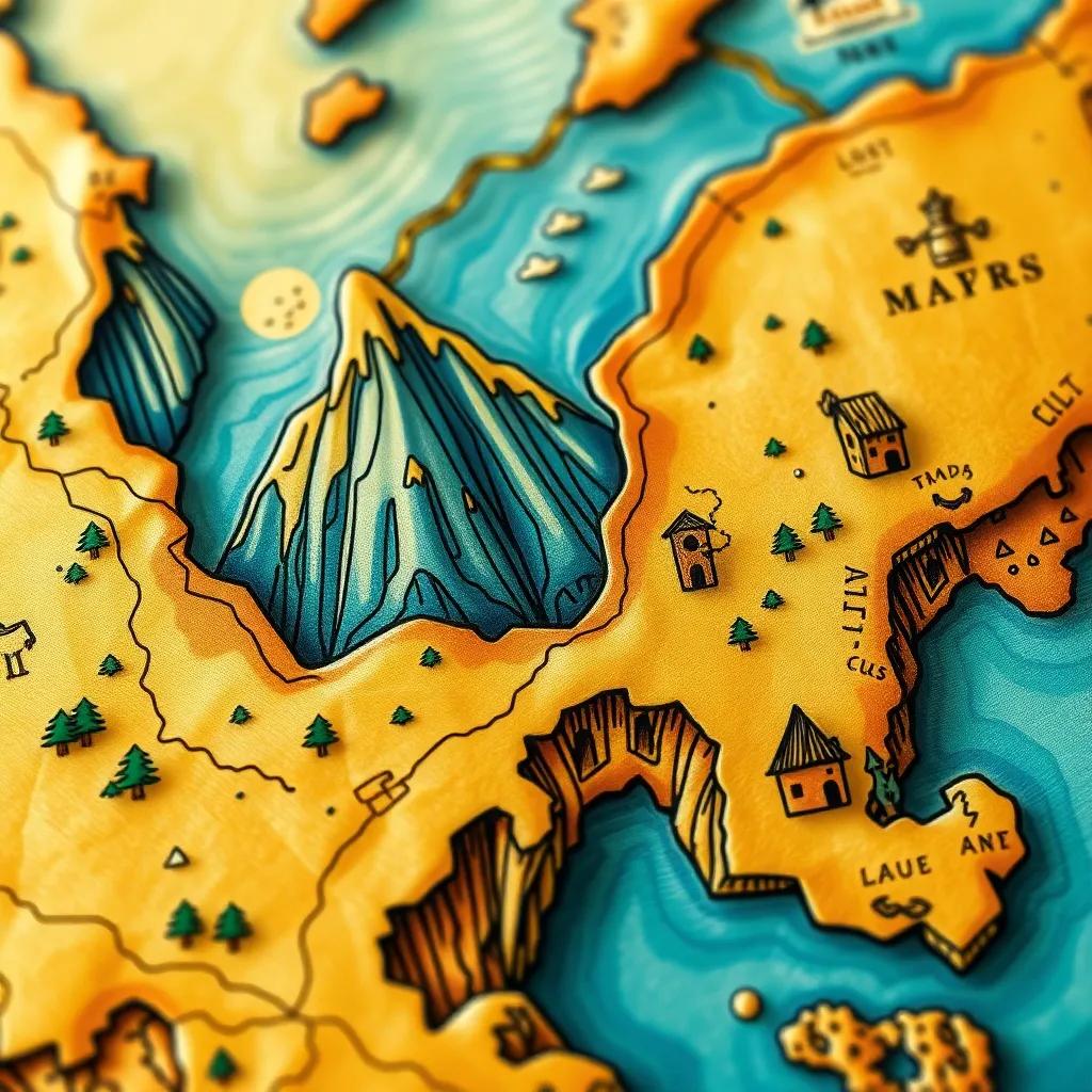 A close up of a treasure map with intricate drawings, showing mountains and caves, bright colors, detailed illustration, whimsical style, high quality