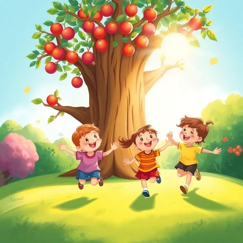 Children running joyfully towards a large tree with fruit, giggling and singing, the sun shining down, colorful illustration, cheerful vibe, high quality