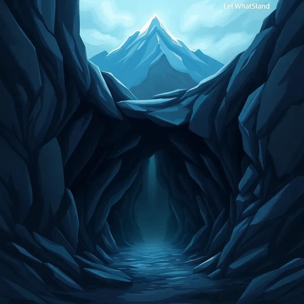 A mysterious cave at the foot of a mountain, dark shadows inside, with a glimmer of light in the entrance, atmospheric digital painting, exciting theme, high quality