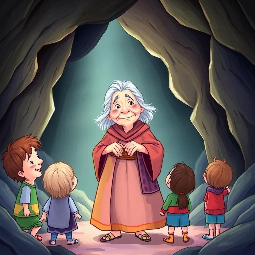 An old woman in a strange outfit, standing in front of the children in the cave, with a wise expression, colorful clothing, soft lighting, whimsical style, high quality