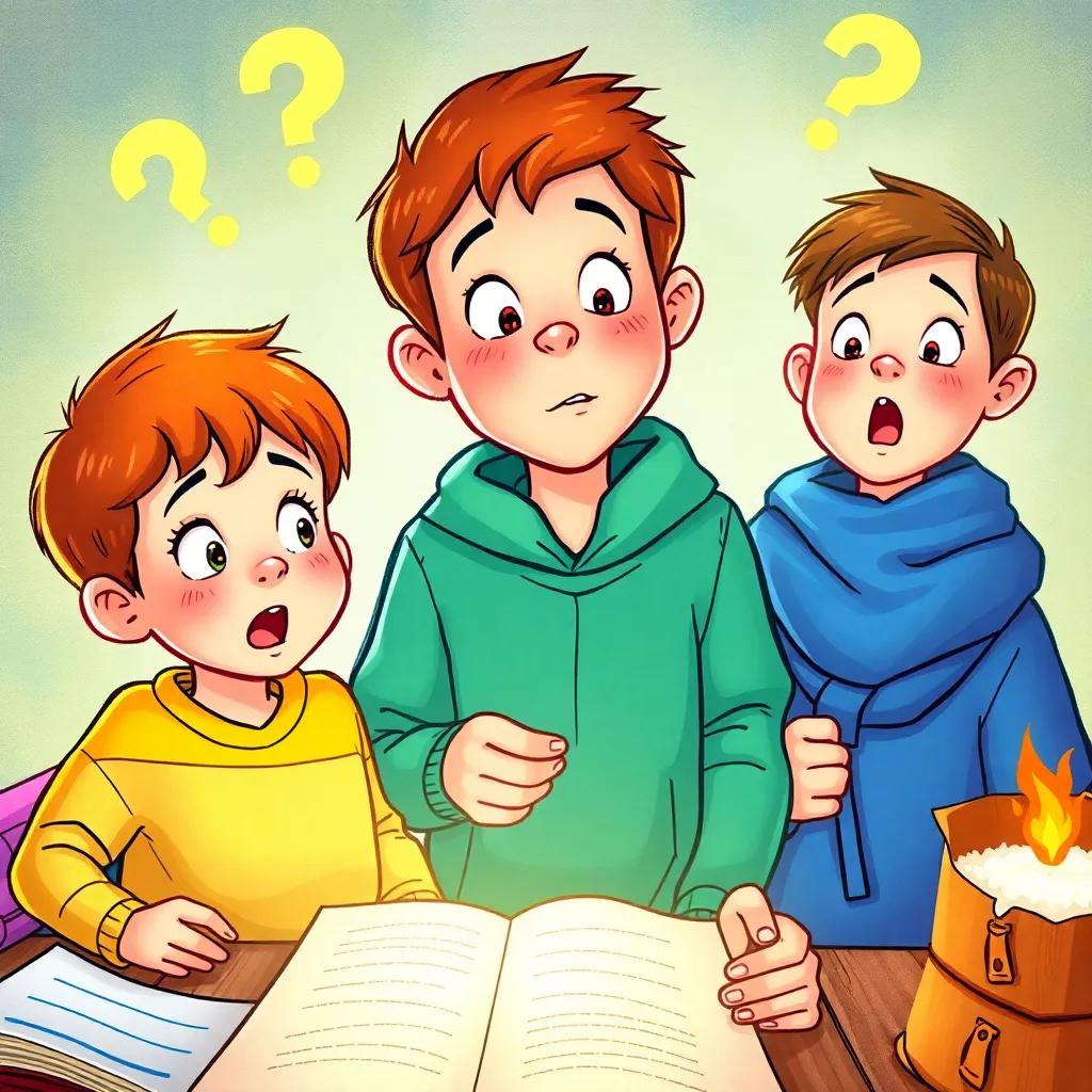 Children looking determined and excited as they solve riddles, expressions of concentration, vibrant colors, illustration, enchanting atmosphere, high quality