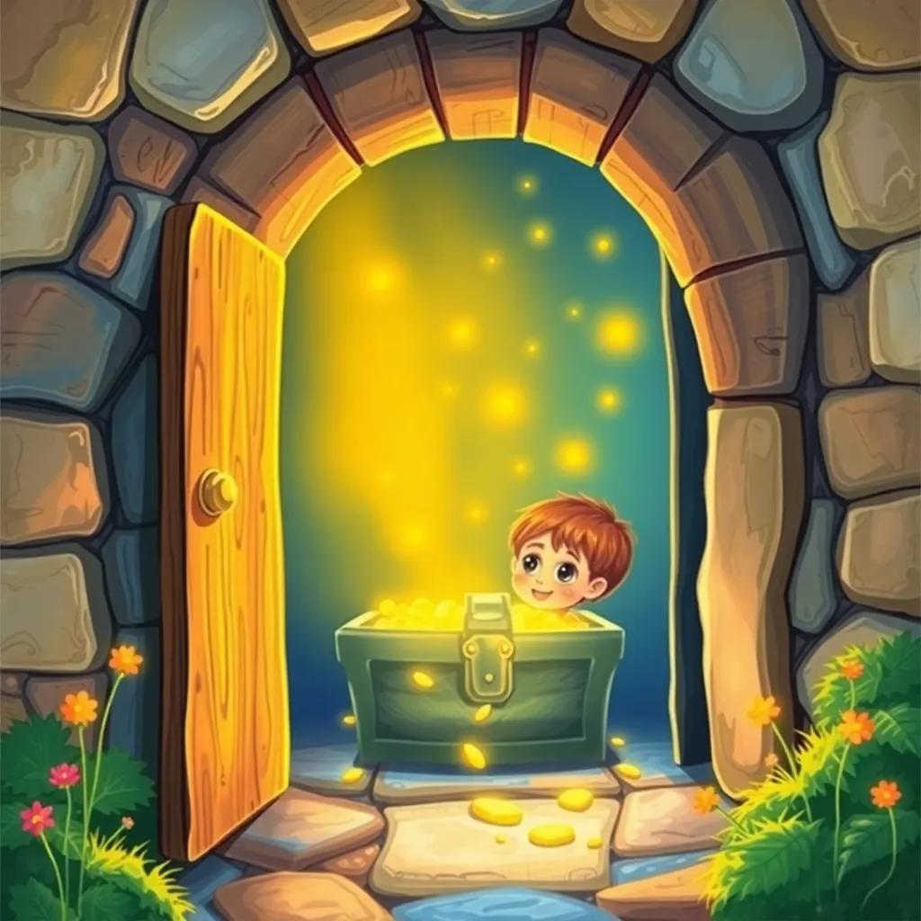 A magical door opening to a glowing treasure chest, kids eyes wide with wonder as golden light spills out, colorful, enchanting scene, high quality