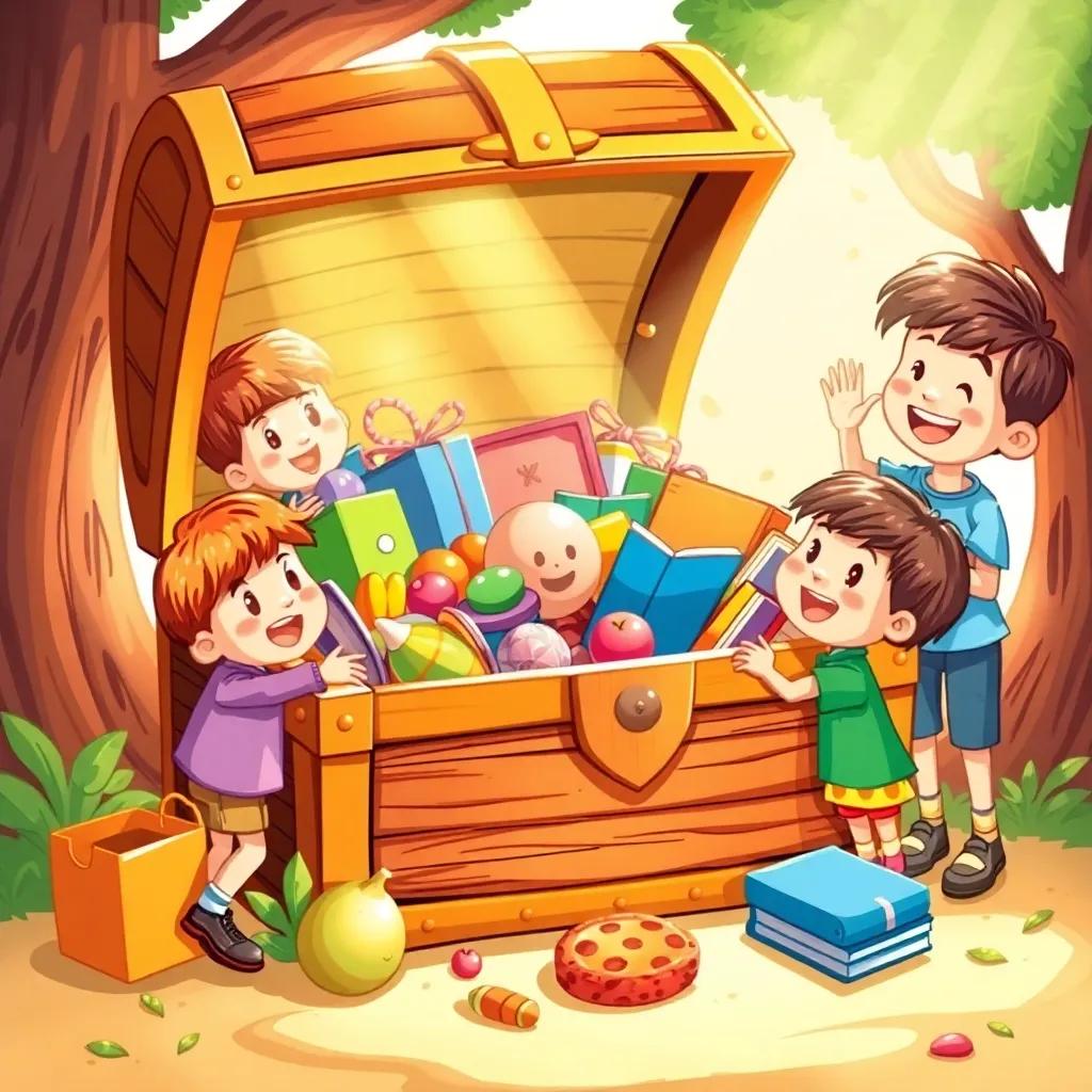 Treasure chest filled with toys, food, and books, children smiling and laughing, warm light and vibrant colors, joyful scene, high quality