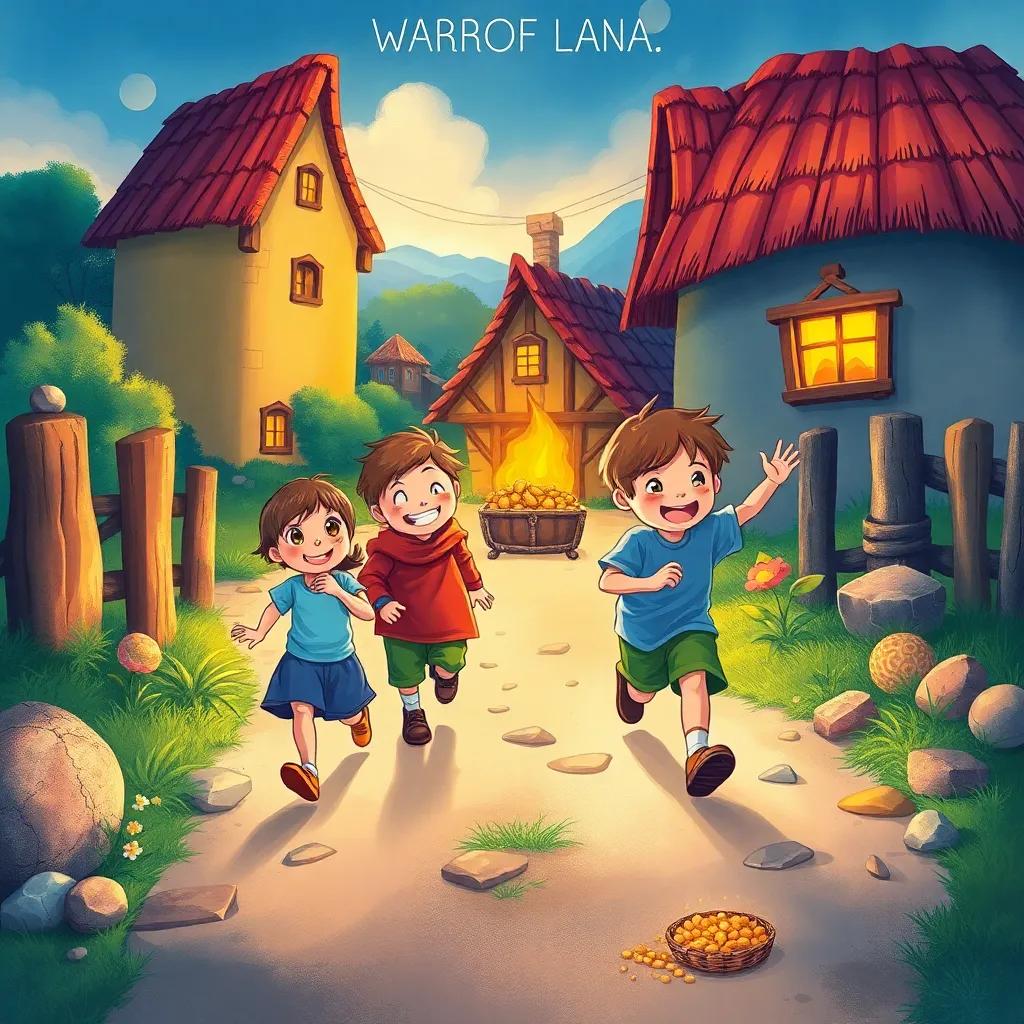 Children joyfully running back to their village with treasure, celebrating their discovery, colorful, warm lighting, inviting atmosphere, high quality