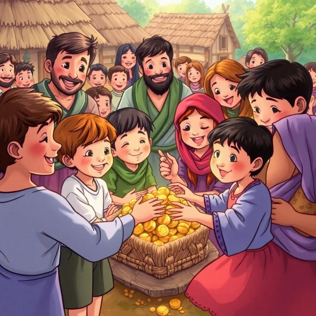 A group of children sharing their treasure with other villagers, everyone smiling and happy, vibrant colors, community scene, warm and inviting, high quality