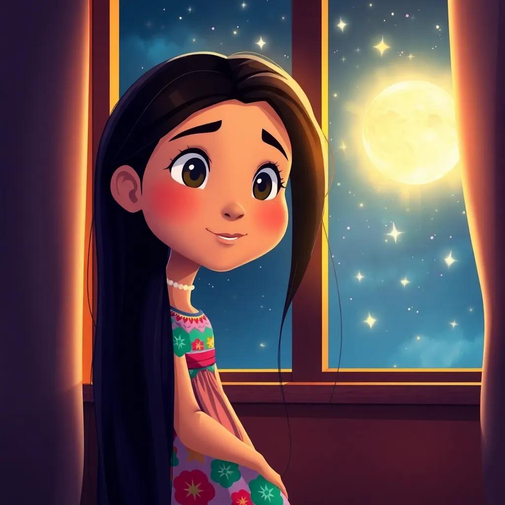 A young Arab girl, Leila, with long, dark hair, wearing a colorful dress, looking out of her bedroom window at the shining moon, magical night, bright stars, cheerful atmosphere, digital art, vibrant colors, high quality