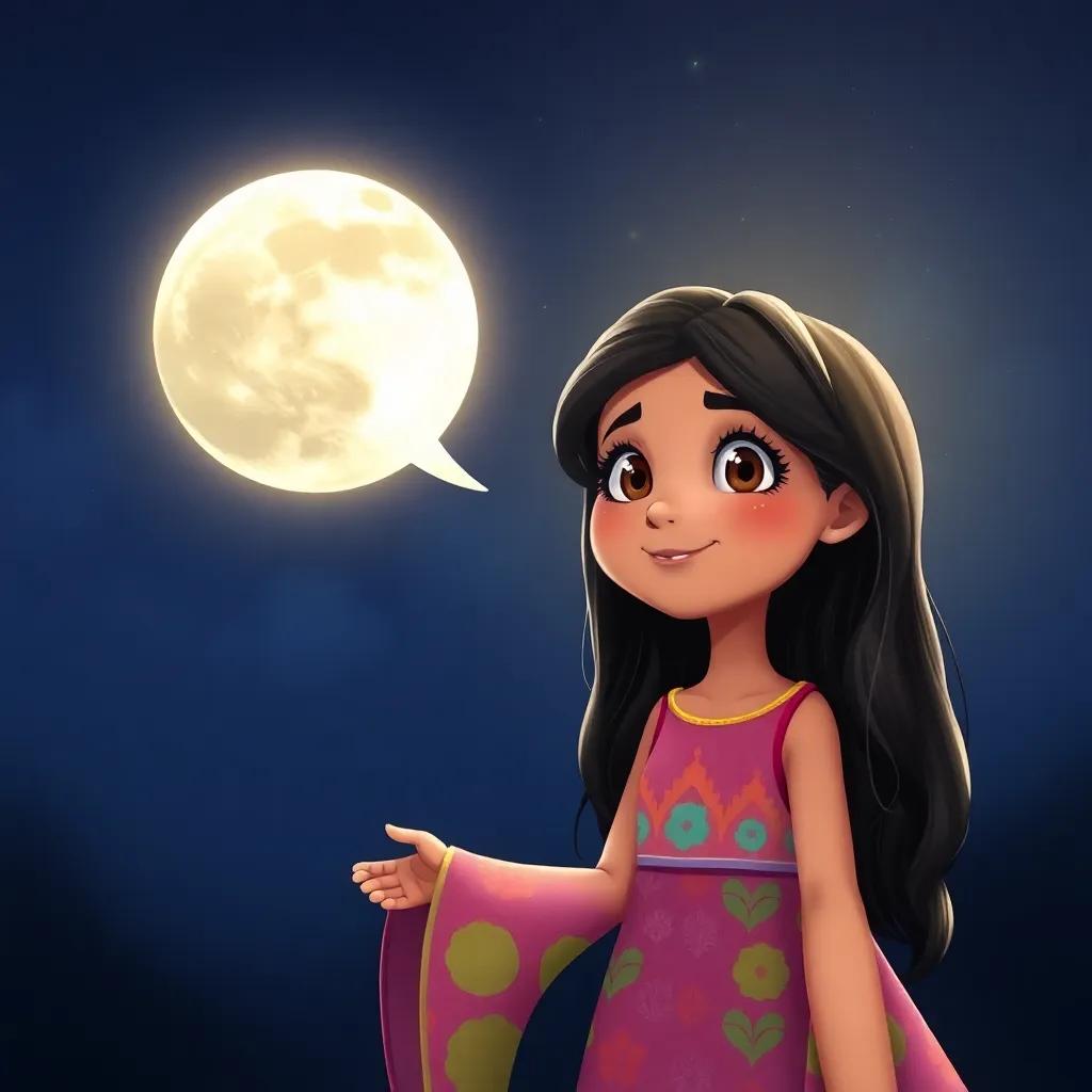 A glowing moon speaking to Leila, a young Arab girl, with long, dark hair wearing a colorful dress, with a friendly face and sparkling eyes, detailed illustration, enchanting night, soft light, child-friendly