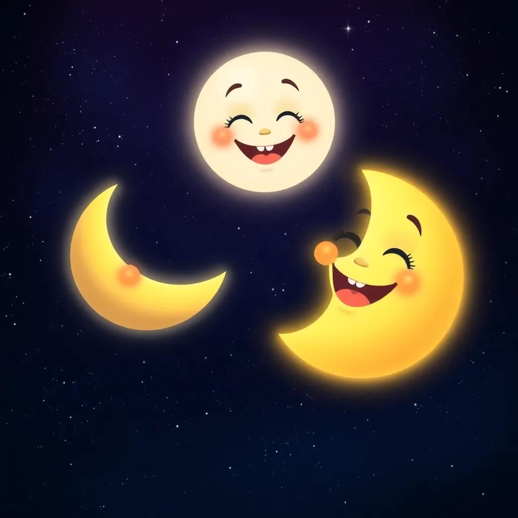 The moon in various phases: a crescent, a half moon, and a full moon, smiling and joyful, against a starry night sky, detailed digital art, colorful, imaginative atmosphere, high quality
