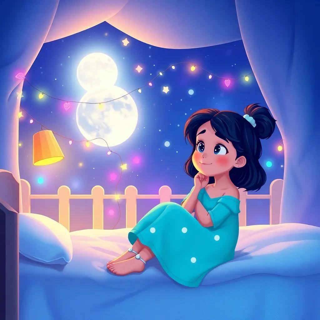 Leila dreaming with wonder, sitting on her bed, imagining the moonlight pouring into her room, colorful fairy lights twinkling, cozy atmosphere, bright colors, warm light, charming illustration