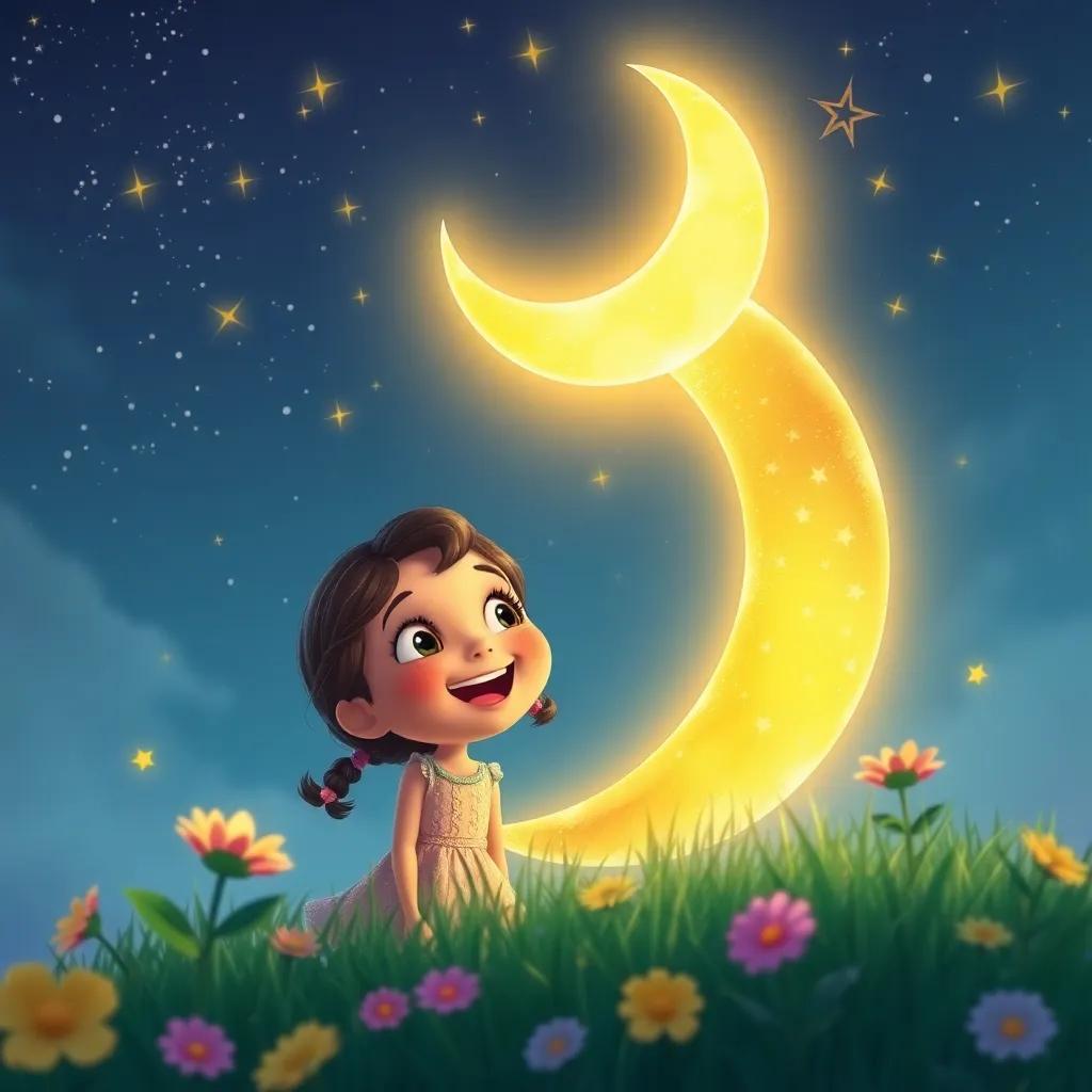 A crescent moon laughing and playing with stars, while shining down on Leila, a young girl, with her eyes sparkling with joy and excitement, whimsical scenery, bright and cheerful, digital art, high quality