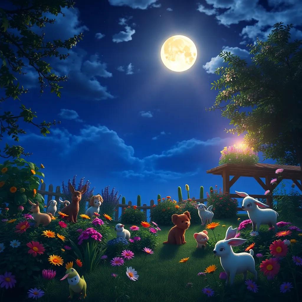 The full moon lighting up the sky, casting magical beams over Leila's garden, filled with flowers and gentle animals, realistic depiction, vibrant colors, serene night atmosphere