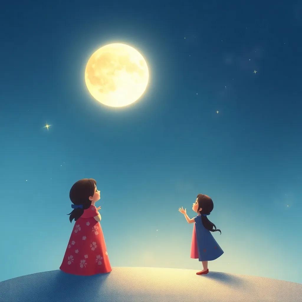 The moon as a friend, saying goodbye to Leila, as it changes into a thin crescent, with sparkling stars around, heartfelt farewell scene, soft glow, dreamy atmosphere, enchanting illustration