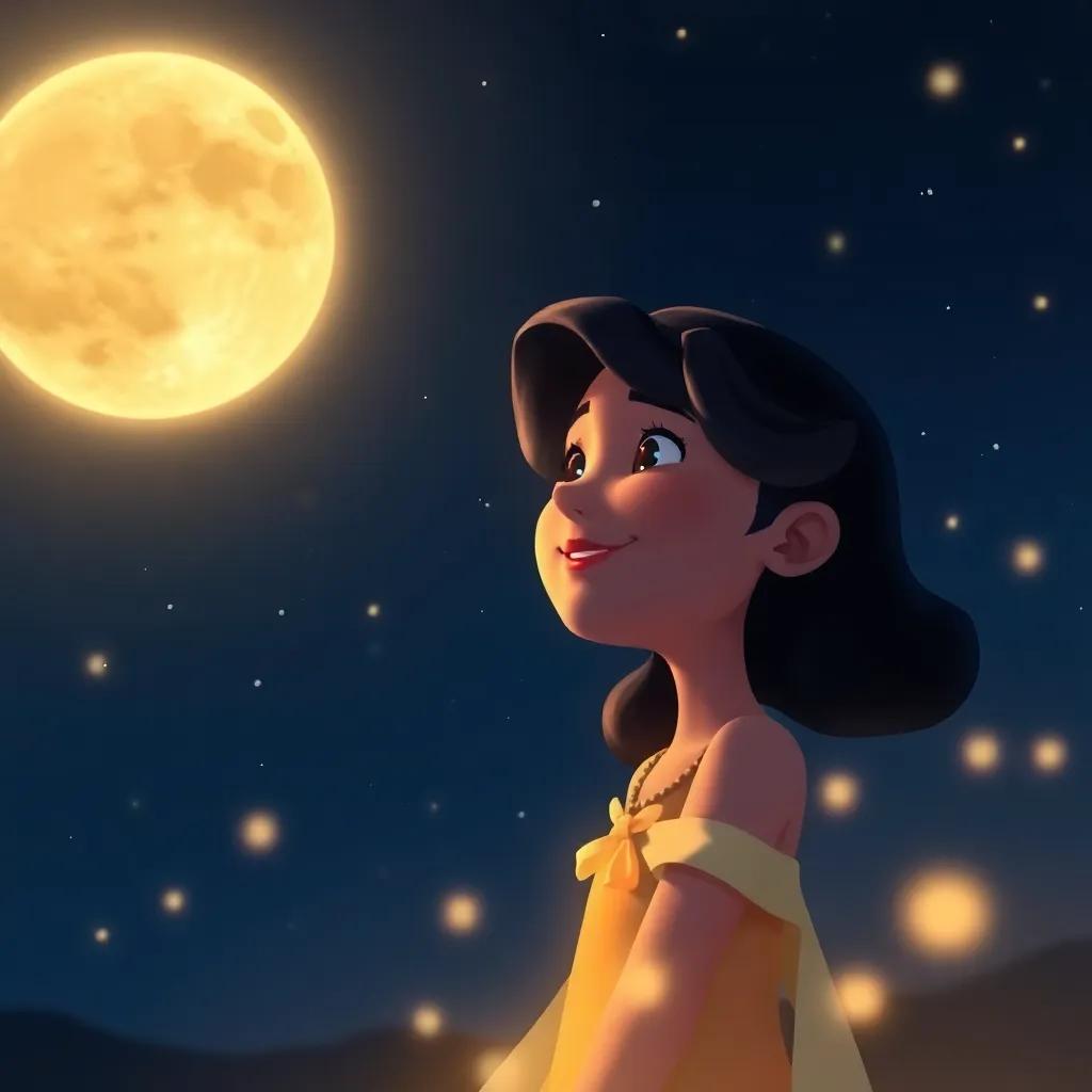 A nighttime scene of Leila smiling at the moon, with a secret shared in her heart, surrounded by twinkling stars and a gentle breeze, warm light, magical feel, beautiful artwork