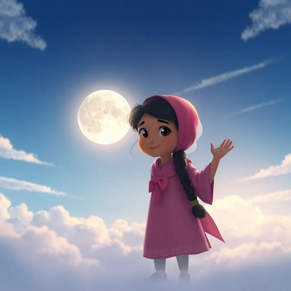 The moon disappearing slowly into the clouds, while Leila waves goodbye, full of wonder, the sky a backdrop of soft blues and whites, child-friendly, imaginative scene, high quality