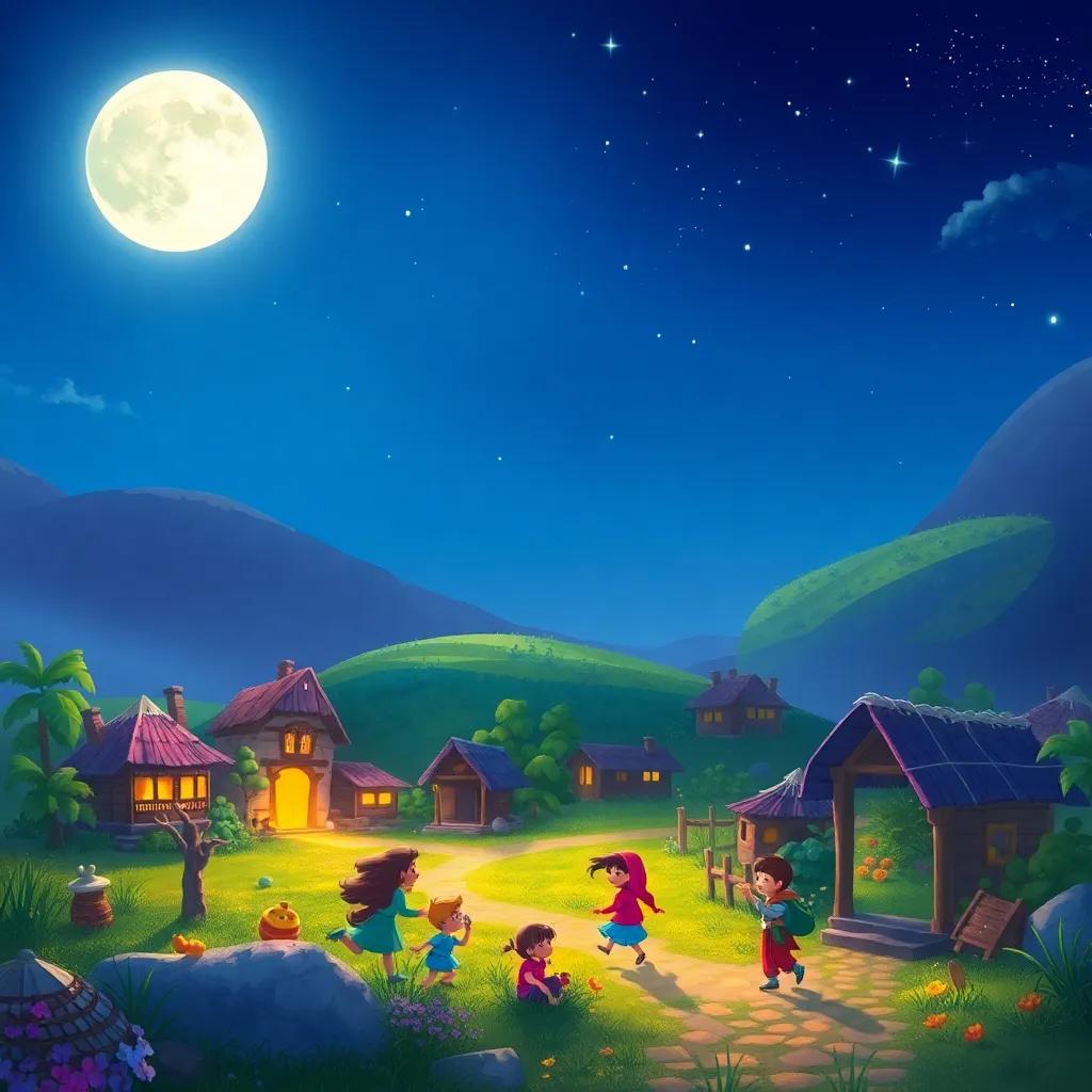 The moon shining brightly over Leila's village, creating a magical atmosphere as children play beneath its glow, vibrant and joyful, colorful illustration, dreamy, high quality