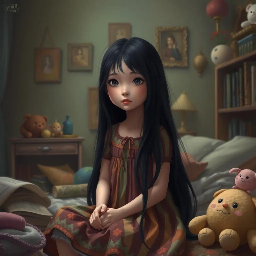 A young girl, أطي, with long black hair, wearing a colorful dress, sitting in a dimly lit bedroom filled with books and soft toys, looking introspective, digital art, calm colors, cozy atmosphere, child-friendly, high quality