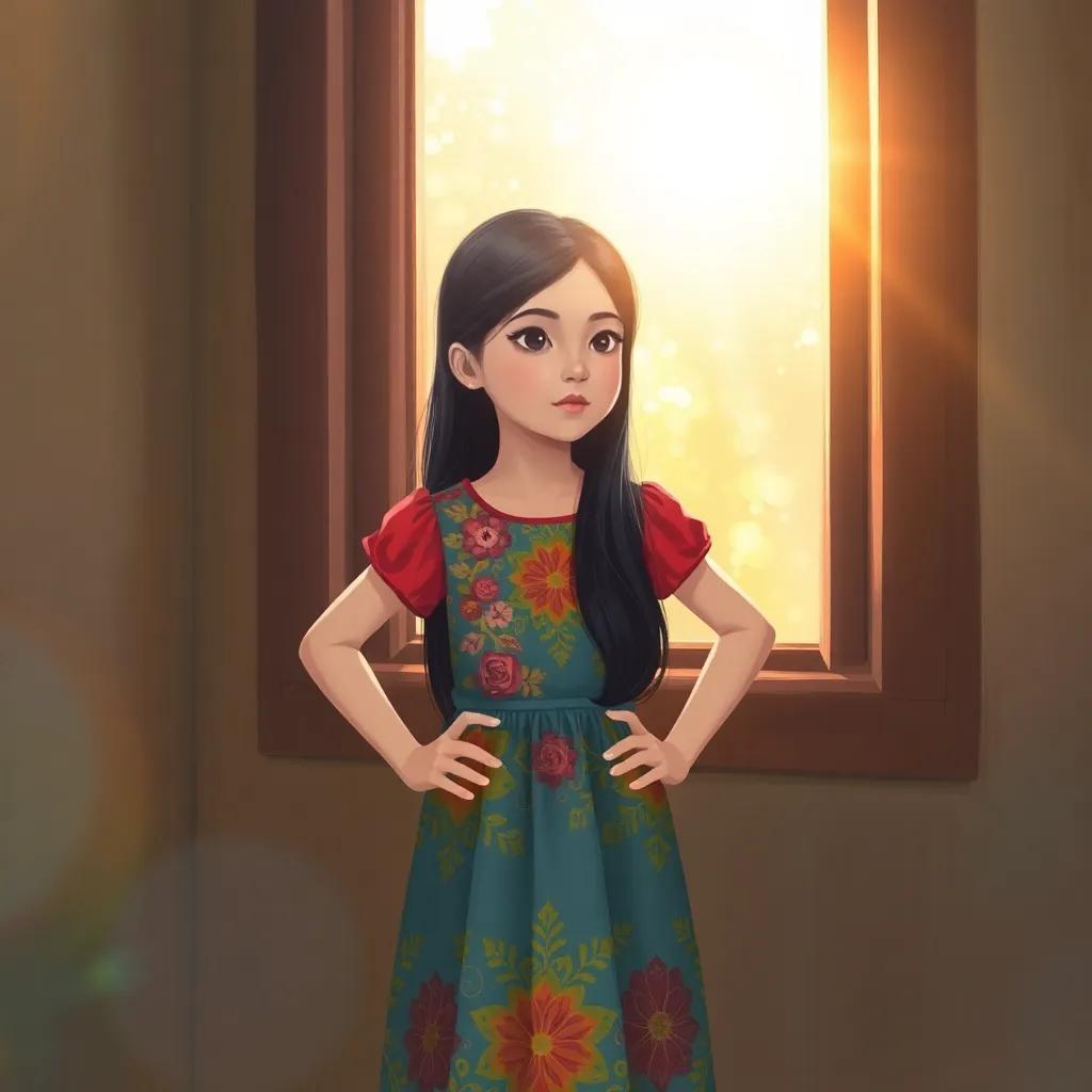 A young girl, أطي, with long black hair, wearing a colorful dress, standing by the window with her hands on her hips, looking determined while sunlight pours in, digital art, warm light, inspiring scene, cheerful colors, high quality