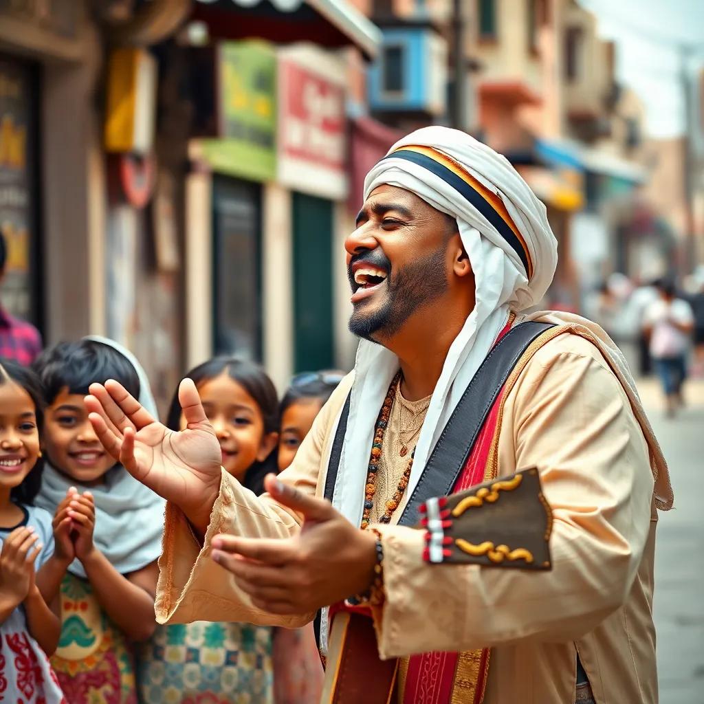 A talented musician, السيد درويش, in traditional Egyptian attire, singing joyfully to a group of children, who are clapping and smiling, vibrant street background, cultural element, art style, engaging and lively atmosphere, high quality