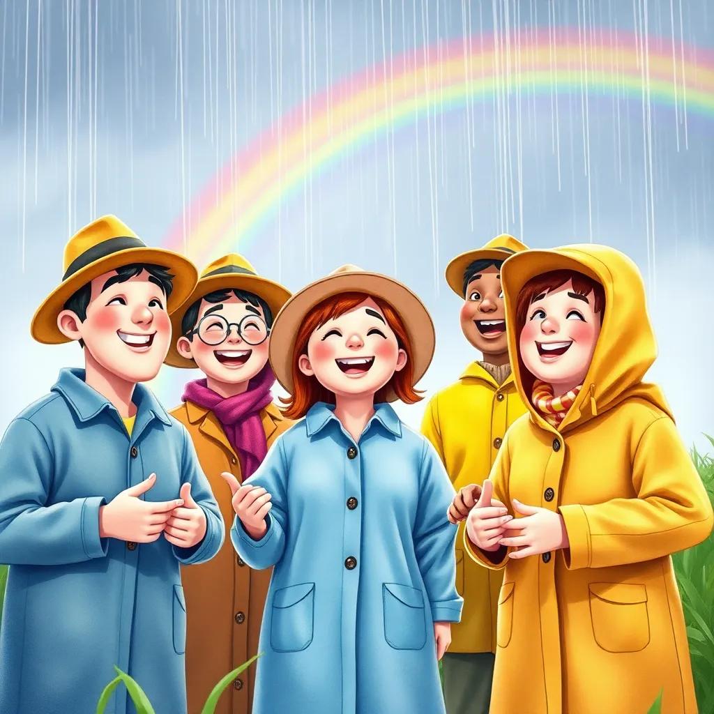 A group of farmers, wearing simple raincoats and hats, singing joyfully under gentle rain with a rainbow in the background, watercolor, cheerful atmosphere, vibrant colors, high quality