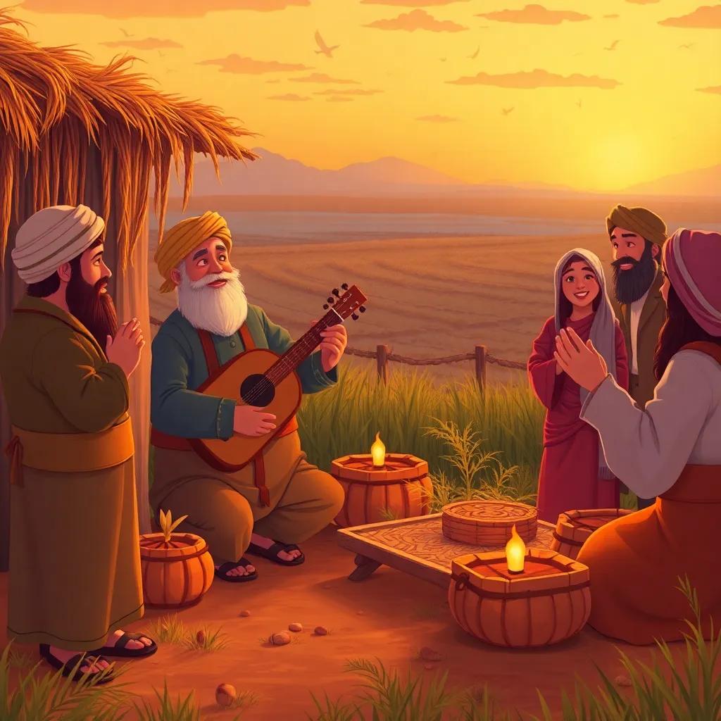Farmers gathering for a music party after a successful harvest, one playing a small oud while others dance and clap, warm sunset lighting creating a festive mood, illustration, inviting scene, child-friendly