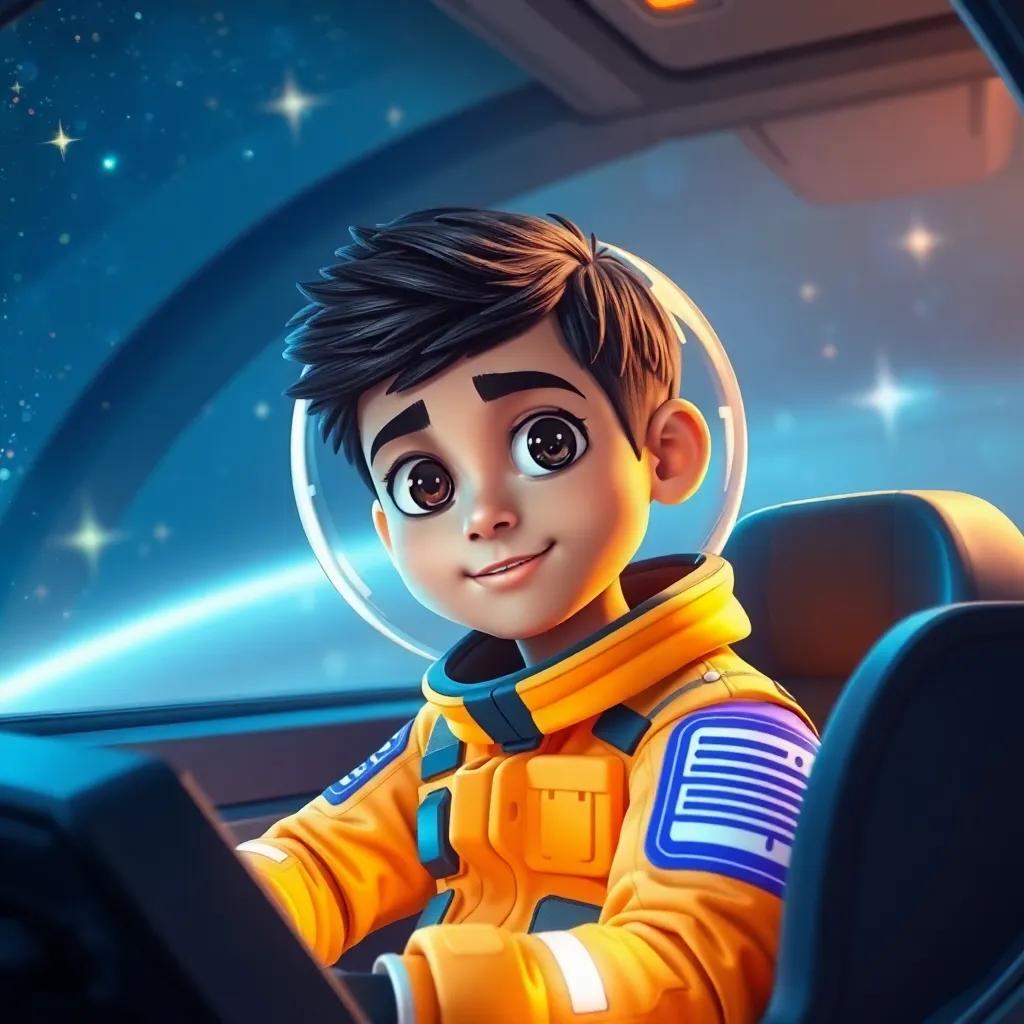 A young Arab boy, Ali, with short black hair and wearing a bright spacesuit, sitting in a spaceship with shiny controls, surrounded by sparkling stars, digital art, colorful, adventurous scene, high-quality