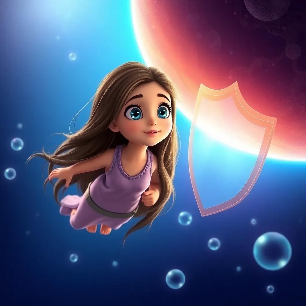 A young Arab girl, Leila, with long brown hair and blue eyes, floating in space next to a shield-like ozone layer, glowing bubbles representing protection, vibrant colors, child-friendly, engaging perspective, high-quality
