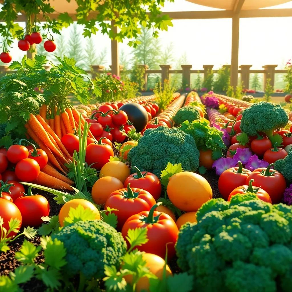 A vibrant vegetable garden full of colorful vegetables, carrots, tomatoes, and broccoli, bright sunshine, cheerful atmosphere, digital art, friendly and inviting