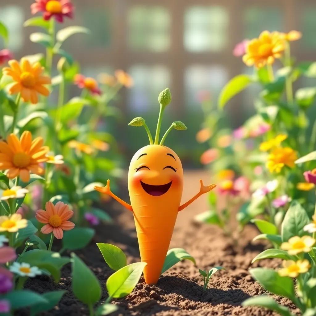A happy scene in a garden, showing a joyful carrot with an orange color, green leaves around, colorful flowers, bright lighting, child-friendly illustration