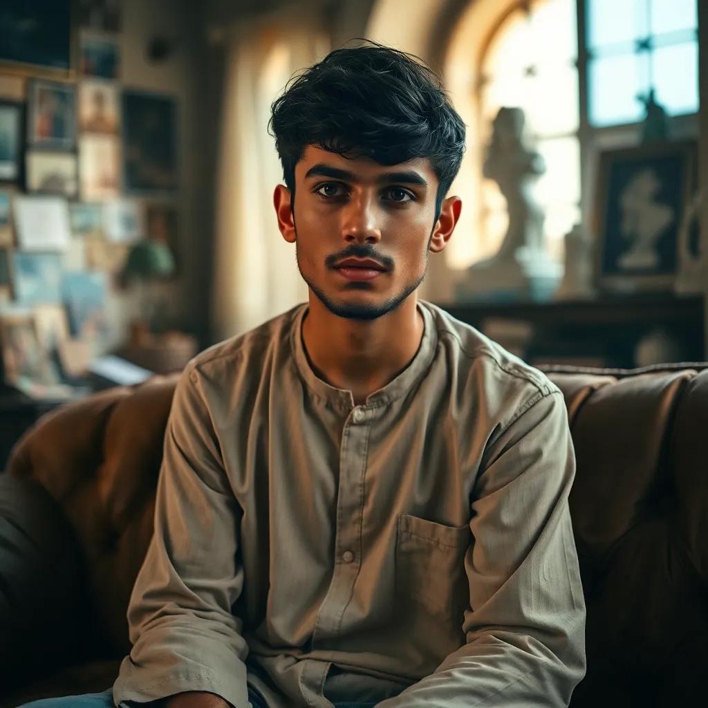 A young Arab man, Omar, with short dark hair and sad eyes, sitting on a worn sofa in an old room filled with memories, soft light, warm colors, nostalgic atmosphere, serene feeling, high quality