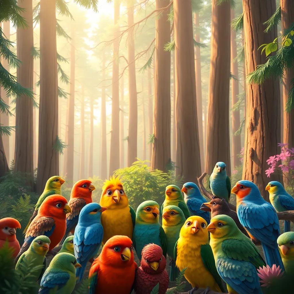 A beautiful forest filled with tall trees and colorful birds of different species gathering together, cheerful and inviting atmosphere, digital art, vibrant colors, warm light, high quality