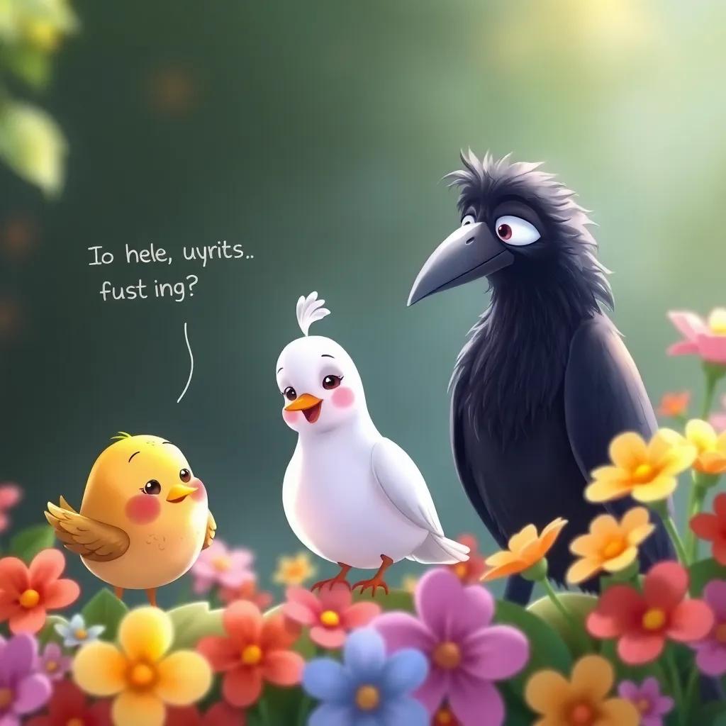 A little bird suggesting fun lyrics, a lovely dove smiling, and a wise crow listening thoughtfully, surrounded by bright flowers, illustration, friendly, creative mood