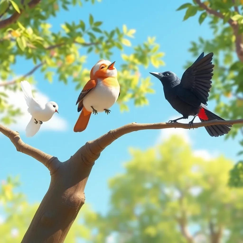 A sunny day in the forest, birds singing on a high tree, a small bird with a sweet voice, a dove with soft feathers and a crow tapping rhythmically on the branches, joyful scene, colorful, bright