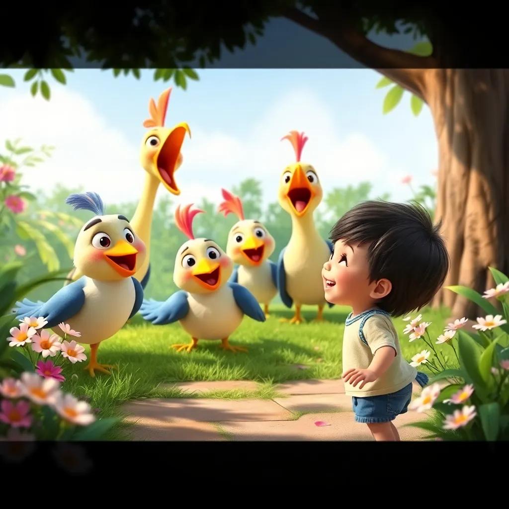 Children approaching the cheerful singing birds, smiling and ready to play, the birds looking excited, surrounded by greenery and flowers, playful atmosphere, heartwarming, engaging imagery