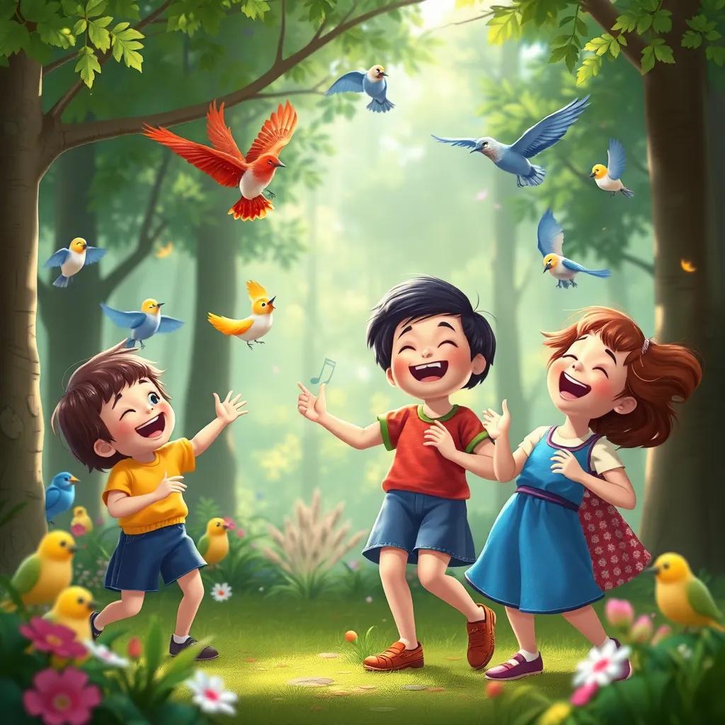 Children joyfully singing and dancing with the birds in the forest, laughter filling the air, beautiful sounds echoing, showcasing friendship, delightful scene, colorful and inviting