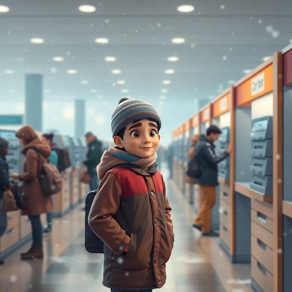 A young Arab boy, standing in a long queue at a copy center, dressed warmly in a colorful jacket and hat, feeling cold with winter snow falling around, digital art, cozy atmosphere, soft blues and whites, warm and inviting