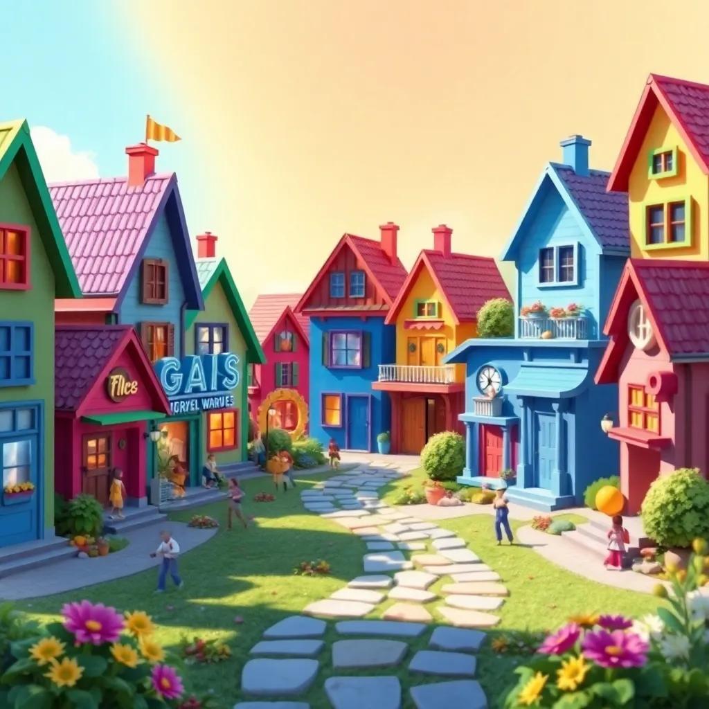 A small village named "Words" with colorful houses made of letters, showcasing beautiful names and vibrant adjectives, with cheerful actions happening all around, digital art, bright colors, lively atmosphere, high quality
