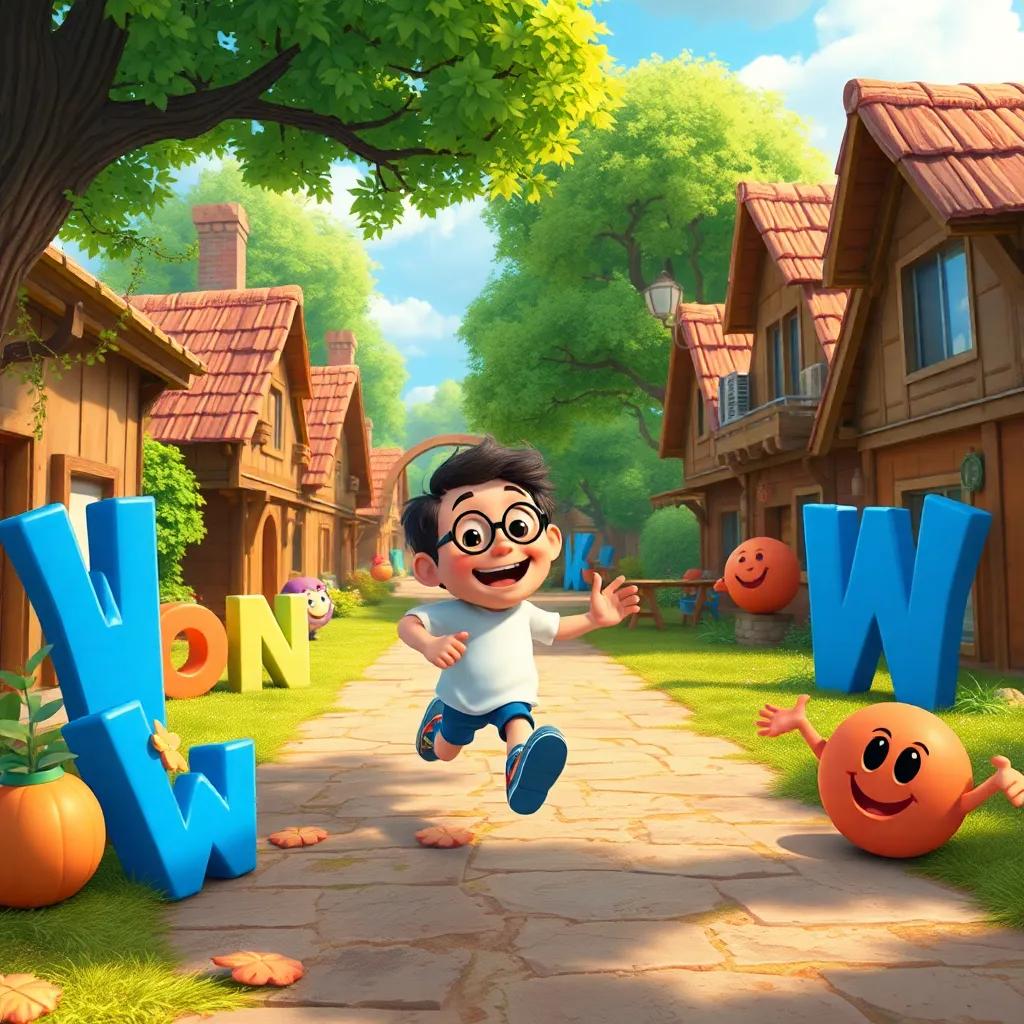 A lively scene in the village of "Words", featuring the verb "running" energetically running through the village, with cheerful words watching, surrounded by happy letters and words, illustration, vibrant colors, engaging composition, child-friendly