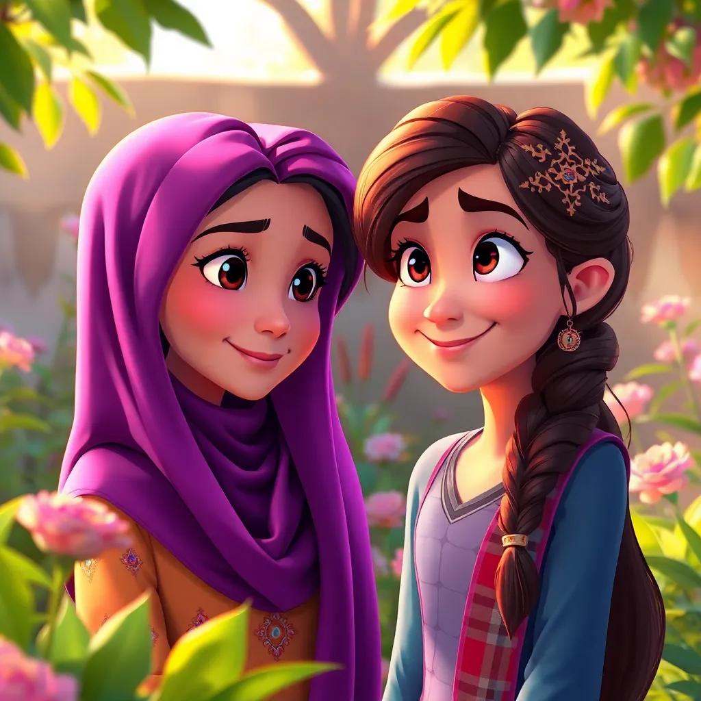 Layla looking thoughtful while talking to Maryam, who is smiling mysteriously with a secret glimmer in her eyes, in a garden, warm light, detailed and vibrant, storybook style, high quality