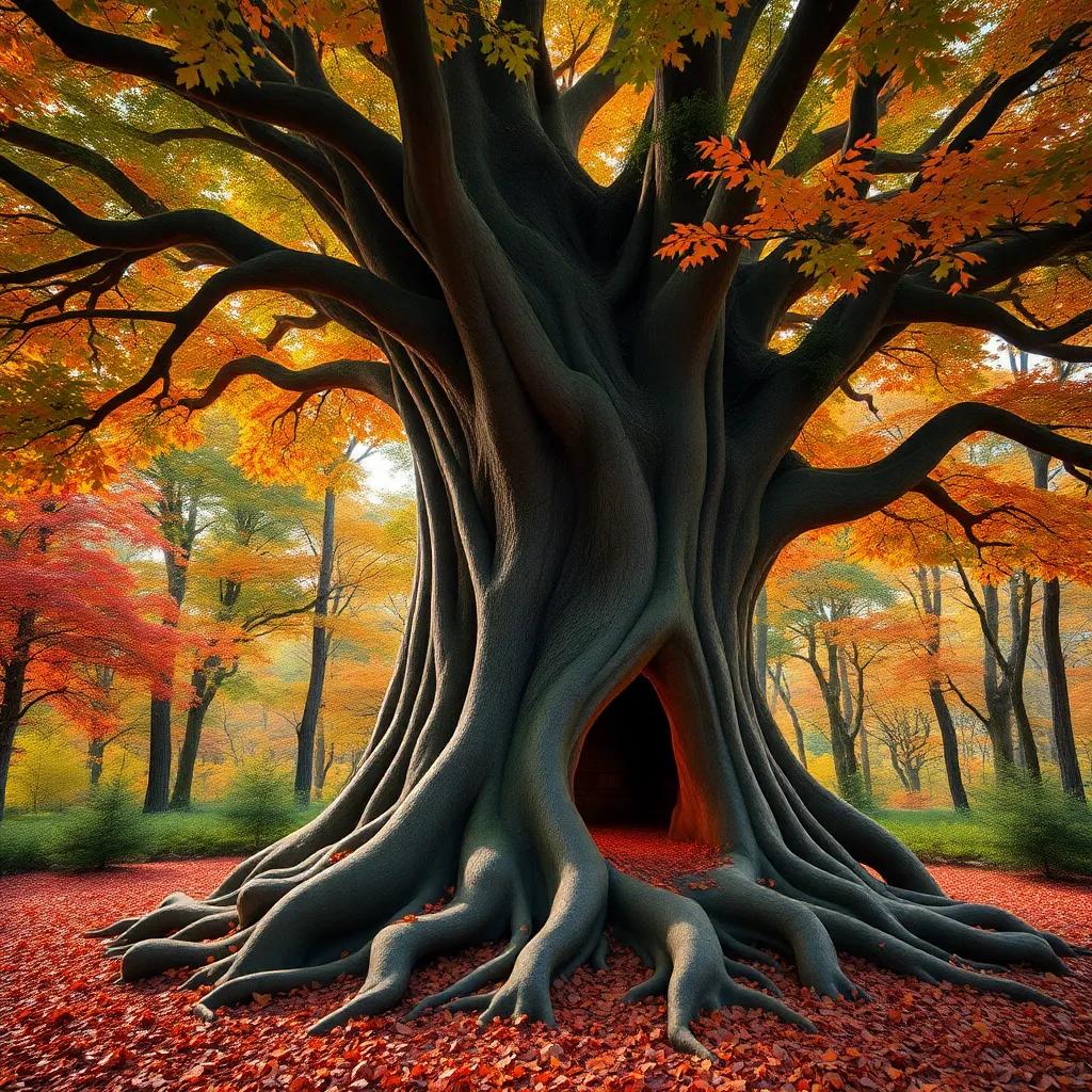A beautiful tree in a vibrant forest, with thick roots and a cozy hollow, colorful digital art, warm and inviting, cheerful atmosphere, high quality