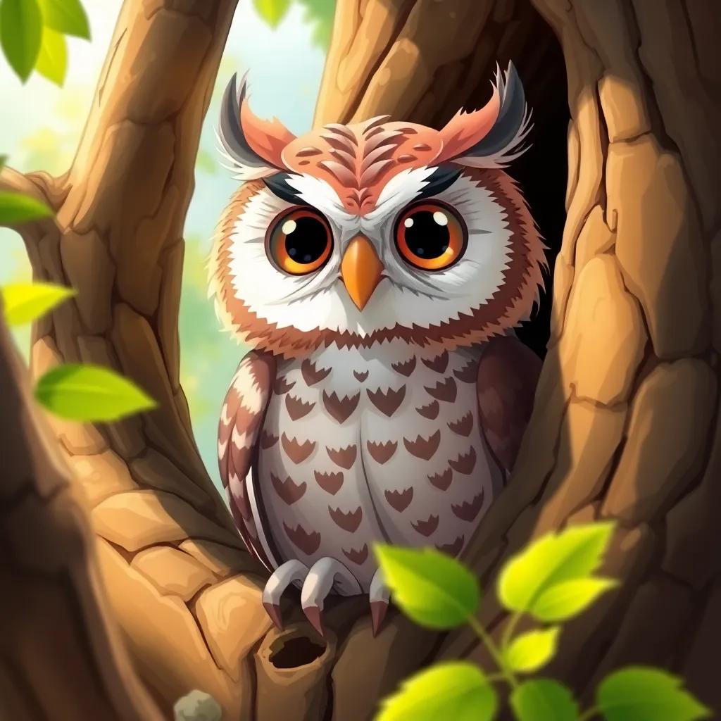 An owl named Boma, a friendly and wise owl, peeking out from the hollow of a tree, detailed illustration, bright colors, joyful mood, fantasy