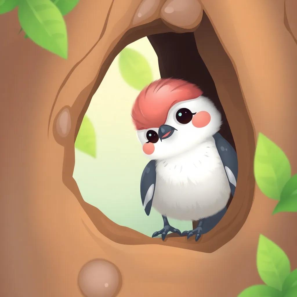 A tiny albuma bird, looking shy and cute, hiding near Boma in the tree hollow, charming illustration, soft pastel colors, playful vibe, heartwarming