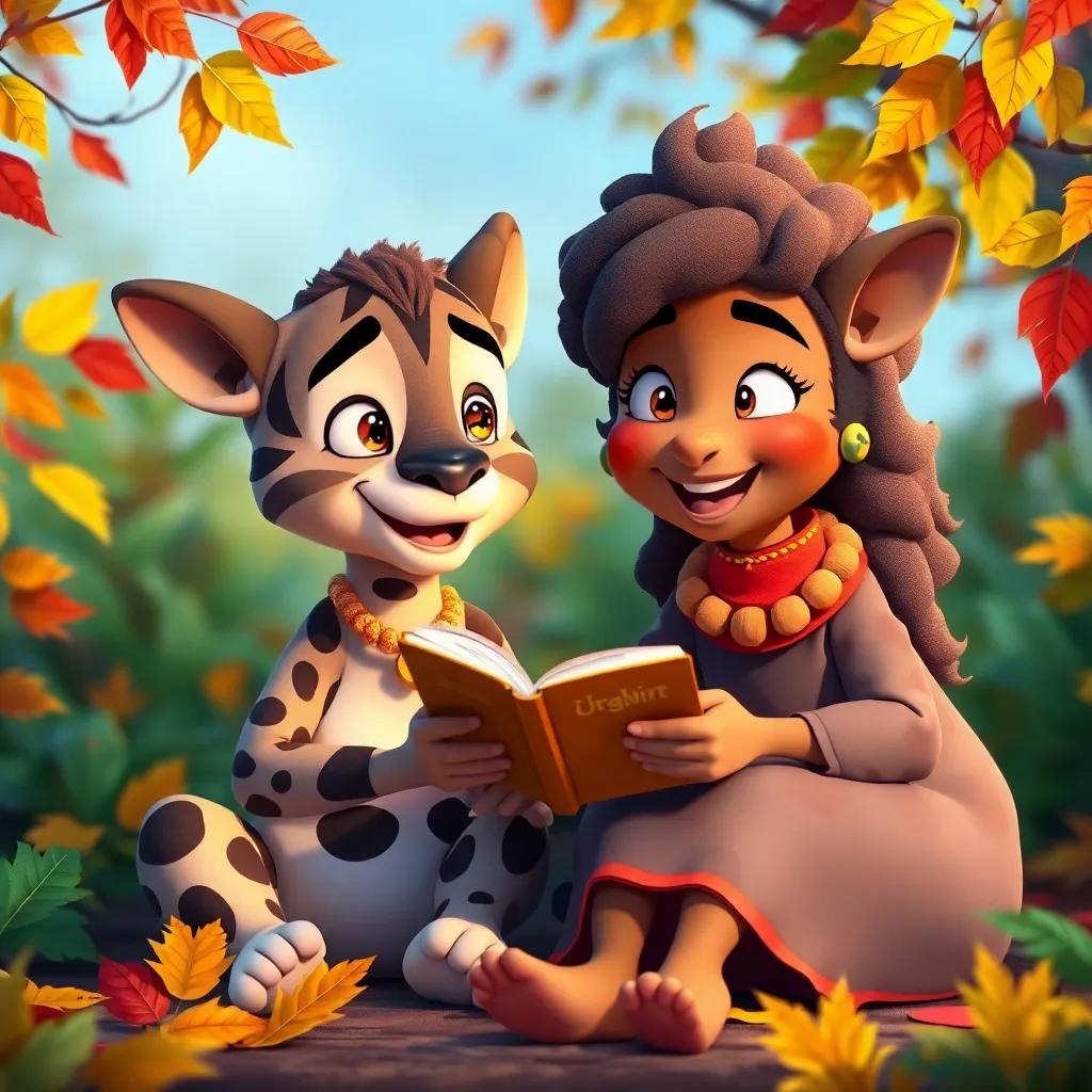 Boma and Albuma sitting together, with Boma telling stories joyfully, surrounded by colorful leaves, delightful scene, animated style, cheerful colors, high quality