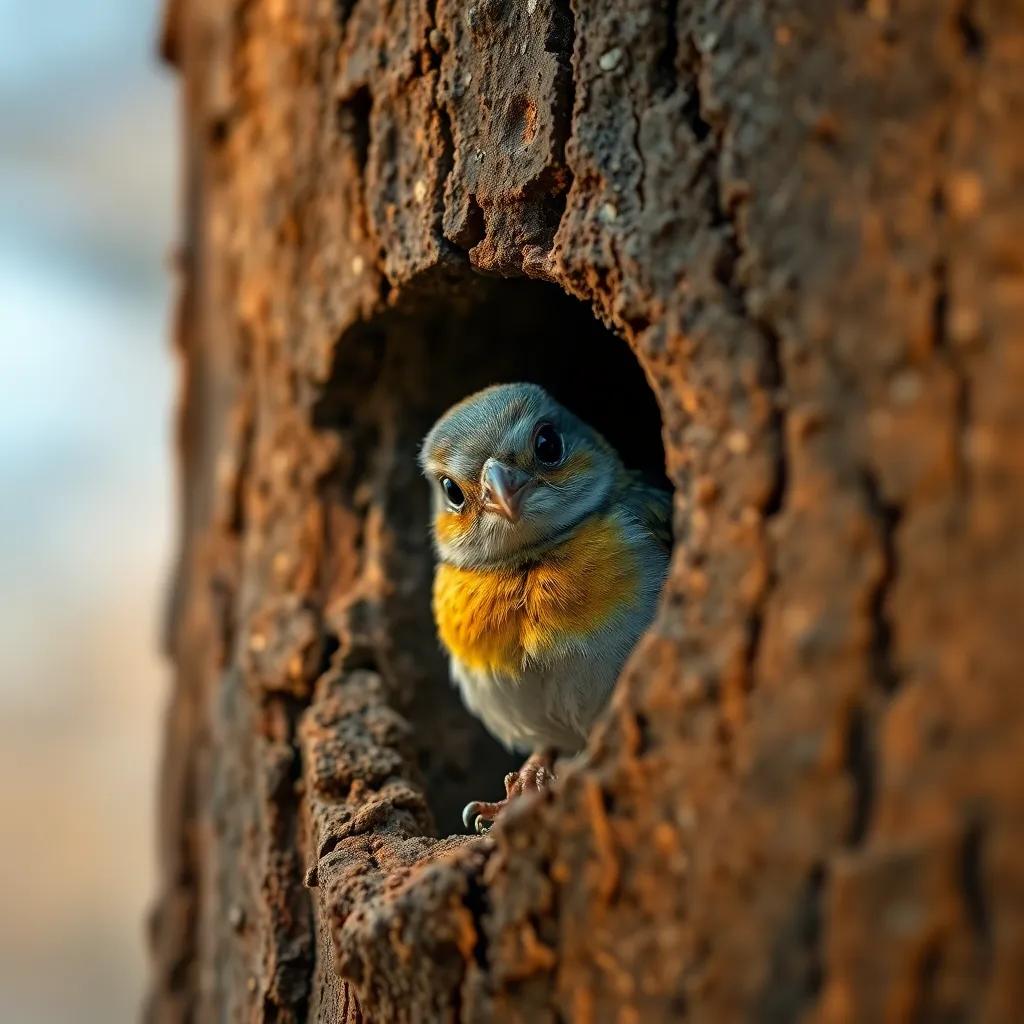 A small bird outside the tree, looking for shelter, with worried eyes and a little beak, warm colors, heartwarming scene, inviting atmosphere